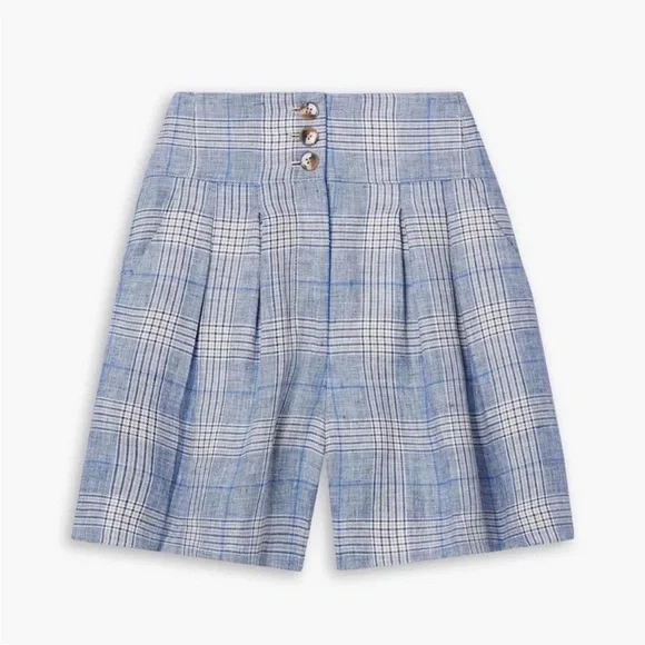 VERONICA BEARD Alicia Windowpane Plaid 100% Linen Shorts Pleated Blue Multi Sz6 - Picture 1 of 15